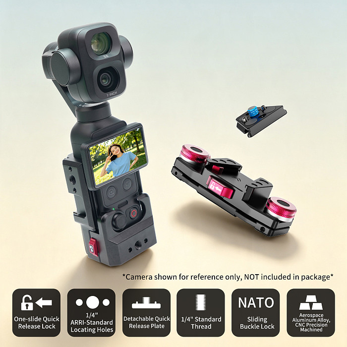 XT-XINTE Aluminum Camera Cage & Quick-Release Shoulder Strap Clip Bundle for DJI Pocket 4P/4/3 With 1/4  ARRI-Standard Locating Holes