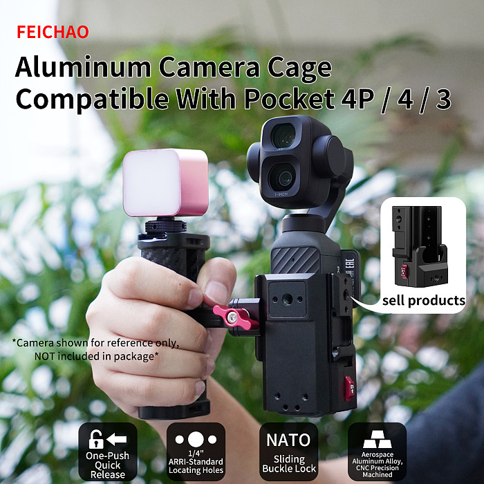 XT-XINTE Aluminum Alloy Metal Cage for DJI Pocket 4 Pro /3/4, Quick Release Expansion Frame with Backpack Clip & Neck Mount, Cold Shoe Car Mount Accessory