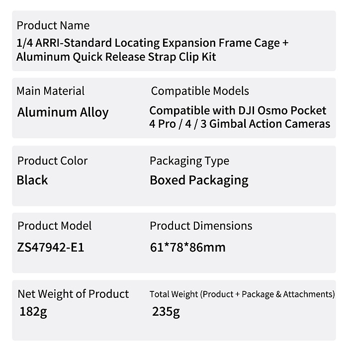 XT-XINTE Aluminum Camera Cage & Quick-Release Shoulder Strap Clip Bundle for DJI Pocket 4P/4/3 With 1/4  ARRI-Standard Locating Holes