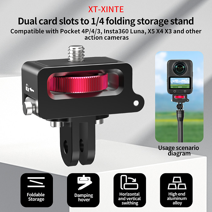 Pocket Folding Mount & Storage Bracket, 360° Rotating Quick Release, 1/4  ARRI Thread to ARRI Hole for DJI Osmo 360 II, for Insta360 X6 X5 X4 X3, for GoPro 13 12 Camera Cage Gimbal Extension