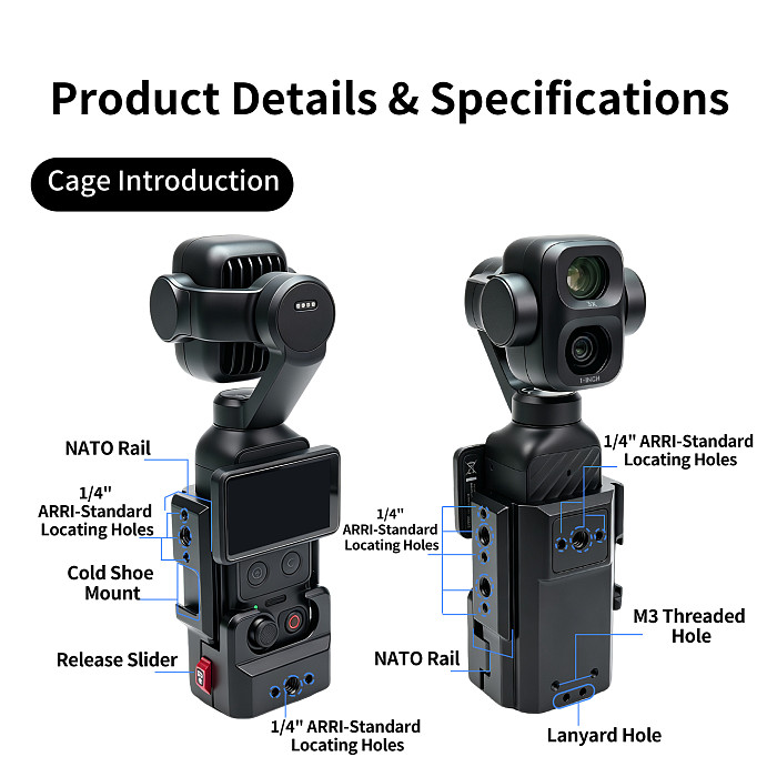 XT-XINTE Aluminum Alloy Metal Cage for DJI Pocket 4 Pro /3/4, Quick Release Expansion Frame with Backpack Clip & Neck Mount, Cold Shoe Car Mount Accessory