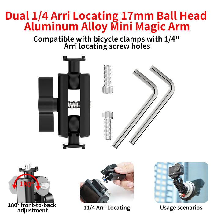 17mm ARRI-Standard Locating Ball Head Mount & Clamp for Car Phone Monitor Action Camera, Metal 1/4  Thread to 17mm Ball Adapter, Photography Rig Extension Accessory