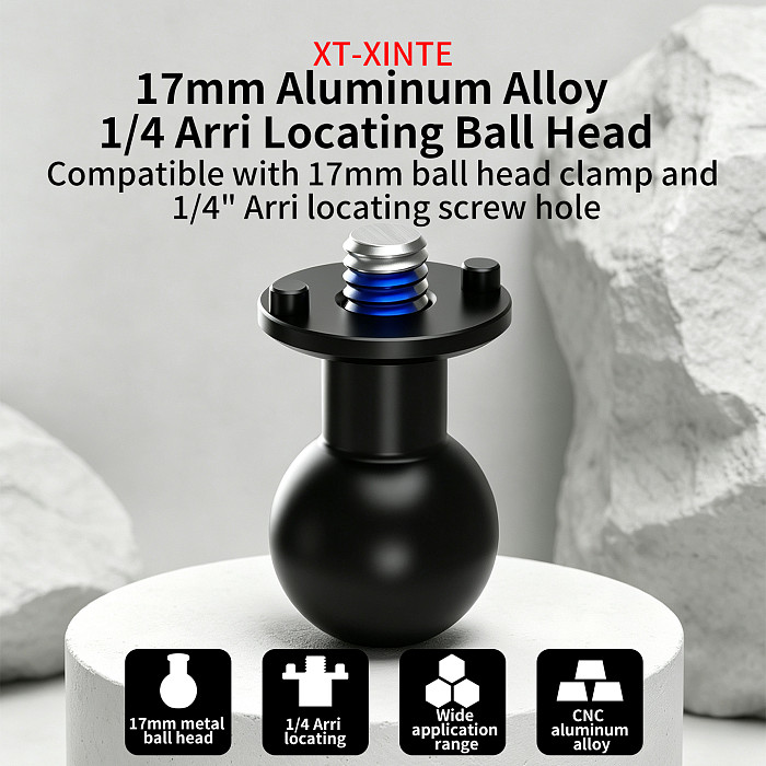 17mm ARRI-Standard Locating Ball Head Mount & Clamp for Car Phone Monitor Action Camera, Metal 1/4  Thread to 17mm Ball Adapter, Photography Rig Extension Accessory