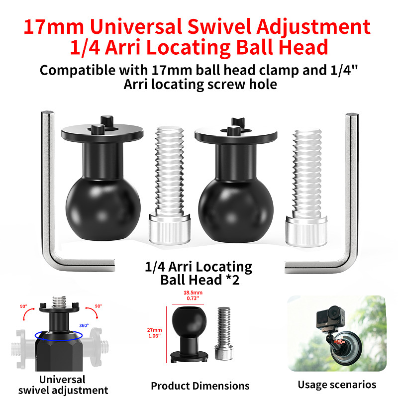 17mm ARRI-Standard Locating Ball Head Mount & Clamp for Car Phone Monitor Action Camera, Metal 1/4  Thread to 17mm Ball Adapter, Photography Rig Extension Accessory
