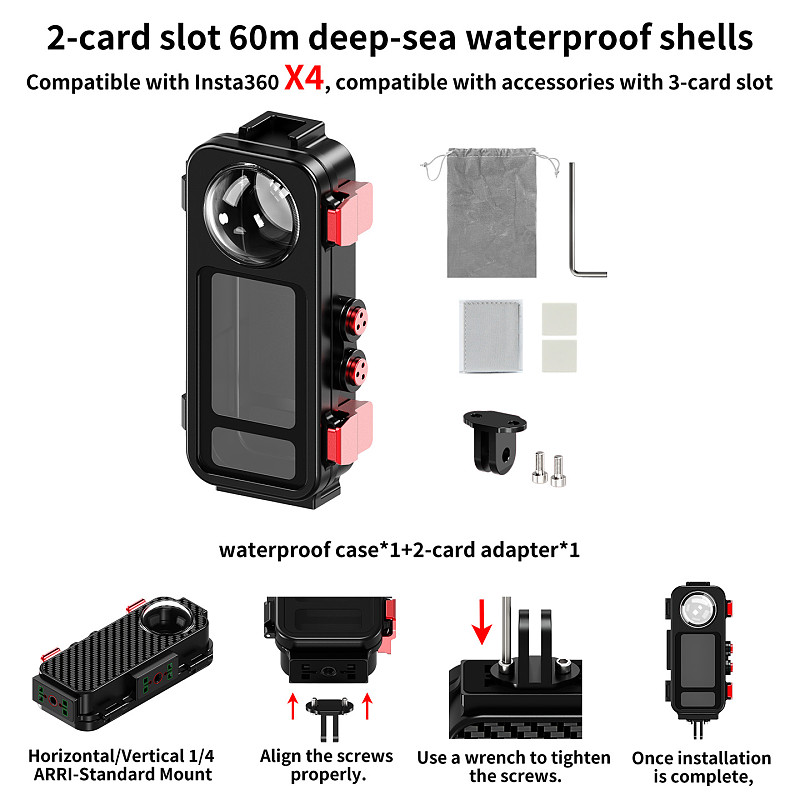 XT-XINTE Aluminum Alloy 60M Waterproof Diving Housing For Insta360 X4,Magnetic Quick‑Release,Horizontal‑Vertical Shoot