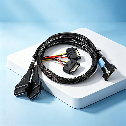 MCIO 8i 74-Pin to 2x GEN-Z 1C 56-Pin Adapter Cable, Screw-Lock Female Connector, with 15-Pin SATA Power Cable, PCIe 5.0 High-Speed Data Transfer Cable for Server & Data Center
