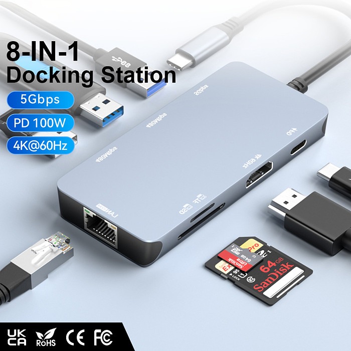 8-in-1 Multi-Function USB Hub Dock, 4K@60Hz Compatible -HDMI Display Output, Compatible with Laptop, Tablet & External Monitor