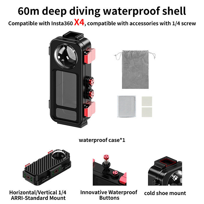 XT-XINTE Aluminum Alloy 60M Waterproof Diving Housing For Insta360 X4,Magnetic Quick‑Release,Horizontal‑Vertical Shoot