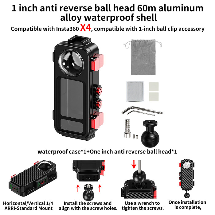 XT-XINTE Aluminum Alloy 60M Waterproof Diving Housing For Insta360 X4,Magnetic Quick‑Release,Horizontal‑Vertical Shoot