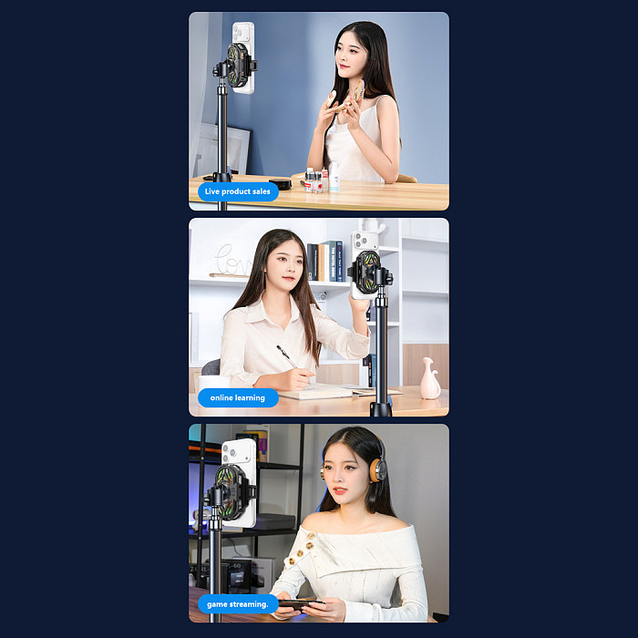 Phone Cooler for Live Streaming, Dual-Core Semiconductor Cooling Fan, Ultra-Quiet, 3-Speed Adjustable with Digital Display, Universal Phone Radiator with Adapter ﻿