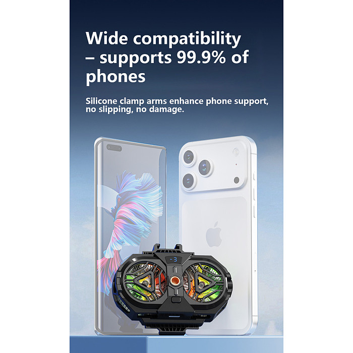Phone Cooler for Live Streaming, Dual-Core Semiconductor Cooling Fan, Ultra-Quiet, 3-Speed Adjustable with Digital Display, Universal Phone Radiator with Adapter ﻿