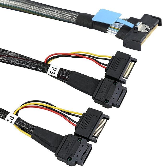 MCIO 8i 74-Pin to 2x GEN-Z 1C 56-Pin Adapter Cable, Screw-Lock Female Connector, with 15-Pin SATA Power Cable, PCIe 5.0 High-Speed Data Transfer Cable for Server & Data Center