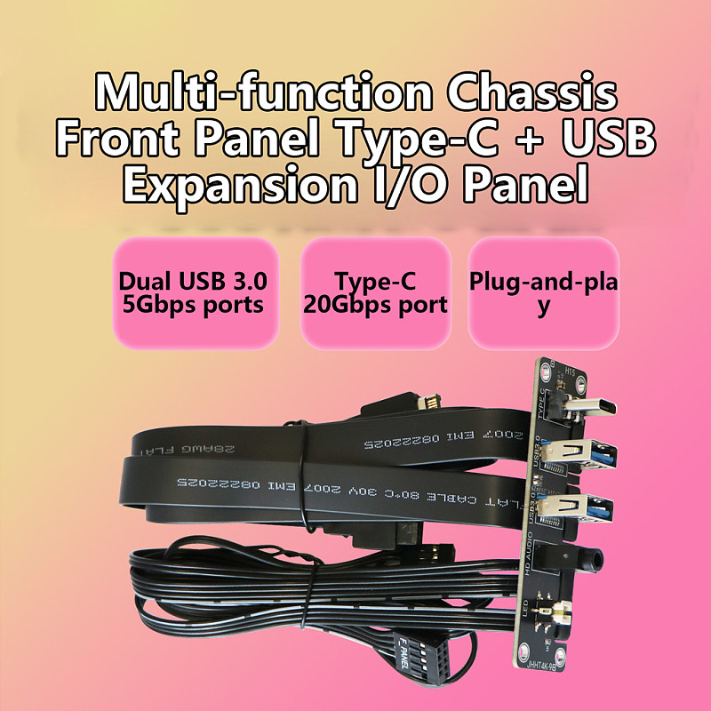 USB Front Panel I/O Extension Cable for PC Motherboard, USB-A & USB-C 20Gbps, Audio Jack, Power Switch, 5-in-1 Front Panel Header Breakout Cable, PC Case Internal Wiring - T4K