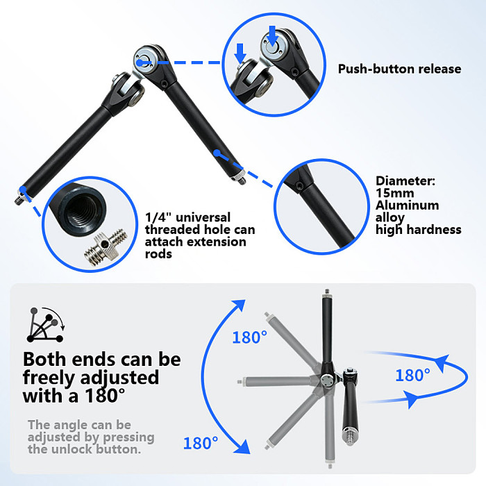 Photography Magic Arm Bracket Aluminum Alloy 1/4 Inch Thread 360 Swivel Camera Extension Fixed Arm 