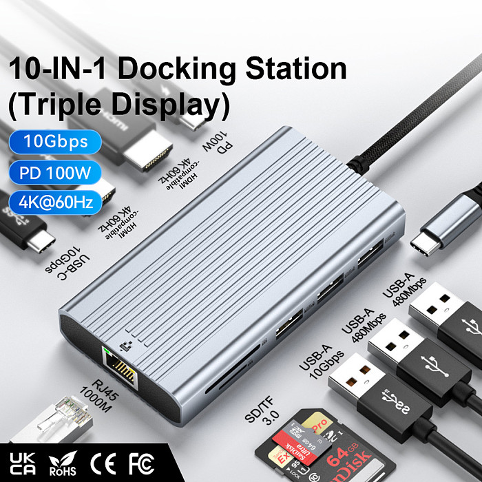10‑in‑1 Type‑C Docking Station Dual HDMI-Compatible  4K 60Hz Triple Display USB 3.0 Hub Multiport Adapter