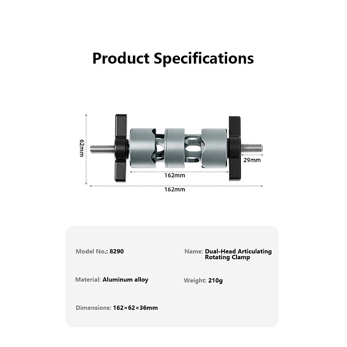 Dual-Head Articulating Arm Mount, 10/15mm Through-Hole Clamp, Aluminum Alloy, Photography Extension Bracket