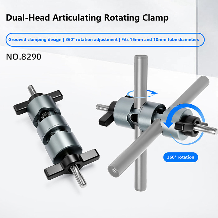 Dual-Head Articulating Arm Mount, 10/15mm Through-Hole Clamp, Aluminum Alloy, Photography Extension Bracket