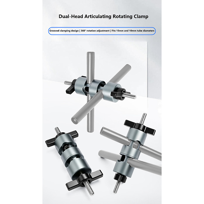 Dual-Head Articulating Arm Mount, 10/15mm Through-Hole Clamp, Aluminum Alloy, Photography Extension Bracket
