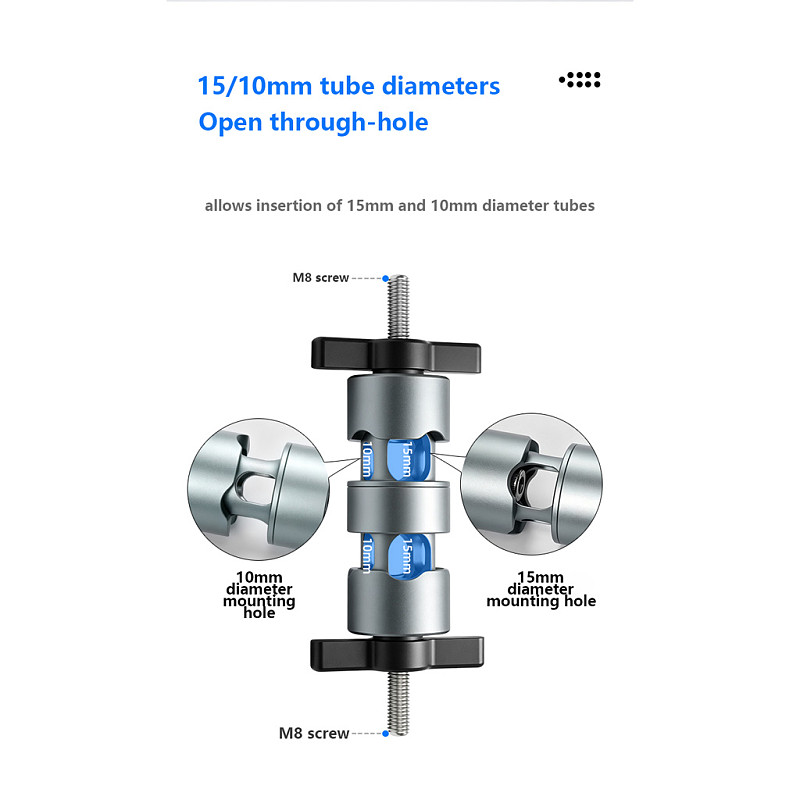 Dual-Head Articulating Arm Mount, 10/15mm Through-Hole Clamp, Aluminum Alloy, Photography Extension Bracket