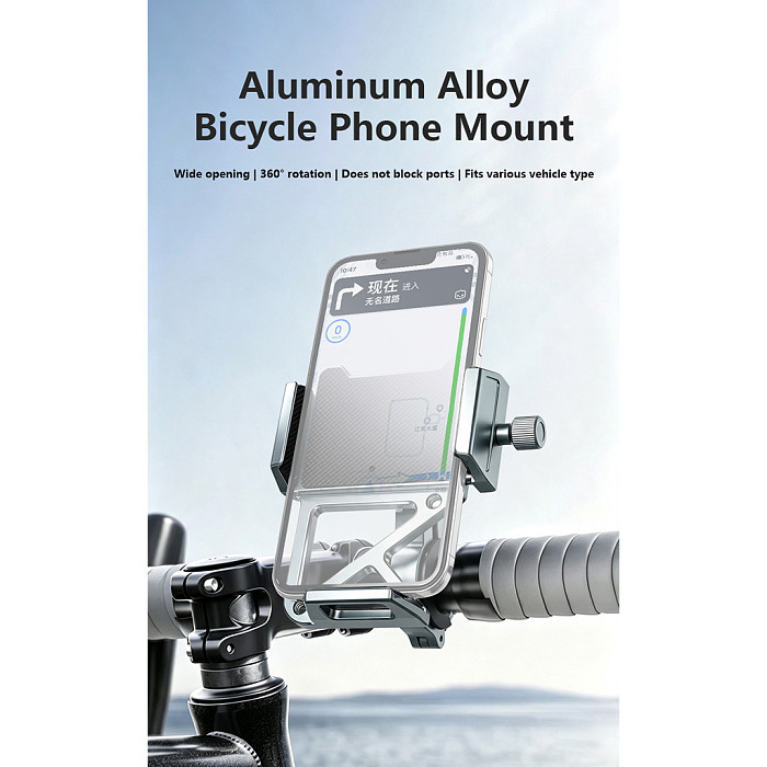 Aluminum Alloy Bike Phone Mount, Shockproof Universal Handlebar Holder, for Bicycle Motorcycle E-Bike, GPS Navigation