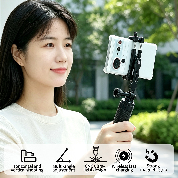 Aviation Aluminum Carbon Fiber Texture Damping Tripod, Quick-Open Portable Selfie Stick with Phone Mount, Desktop & Handheld Live Streaming Stand for Phone Camera DSLR Action Camera, 1/4  Screw Universal Mount