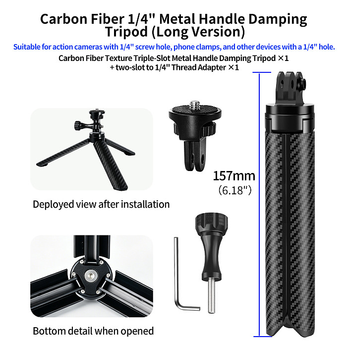 XT-XINTE Aviation Aluminum Carbon‑Fiber Texture Damping 3‑Slot Tripod, Portable Selfie Stick Stand For Camera Phone Live‑Stream