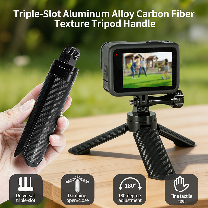 Carbon Fiber Texture Tripod Aluminum, Quick-Open Portable Selfie Stick, Desktop & Handheld Stand for Phone Camera