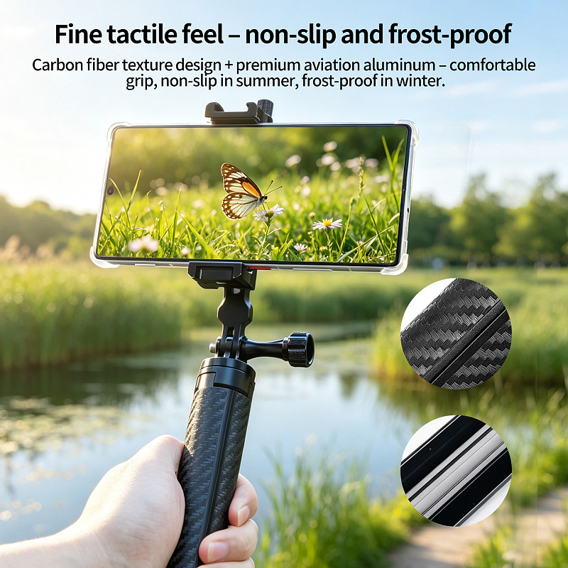 Aviation Aluminum Carbon Fiber Texture Damping Tripod, Quick-Open Portable Selfie Stick with Phone Mount, Desktop & Handheld Live Streaming Stand for Phone Camera DSLR Action Camera, 1/4  Screw Universal Mount