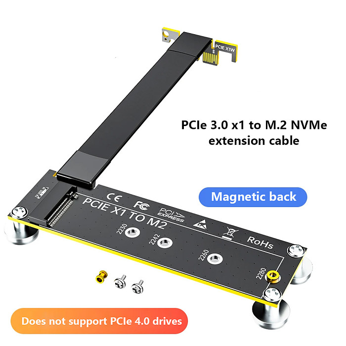 PCIe 4.0 x1 to NVMe M.2 SSD Magnetic Extension Cable, PCIe 3.0 x4 Adapter Riser Card