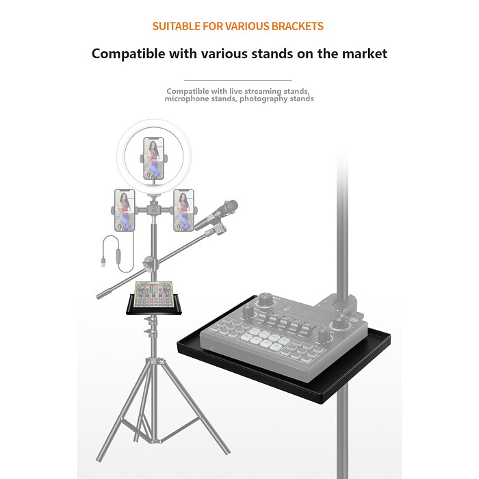 Phone Live Streaming Stand with Sound Card Tray For Camera Tripod with Microphone Holder & Accessory Shelf, Outdoor Mount Bracket