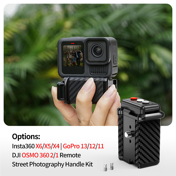 Compatible-Bluetooth Remote Control Handle for Action Camera, Carbon Fiber Street Photography Grip, Magnetic Quick Release, 10M Range, Anti-Slip Leather, 1/4  Thread, for DJI Osmo Action 6/5/4, Insta360 X5/4/3, Ace Pro 2, GoPro 13/12/11, Vlog Outdoor Shooting