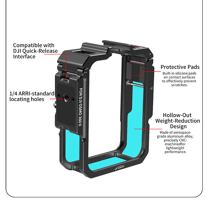 Camera Cage for DJI Osmo 360 II, 1/4  Thread Cold Shoe Mount, Horizontal Vertical Quick Release, Lightweight Protective Frame for Cycling Vlog
