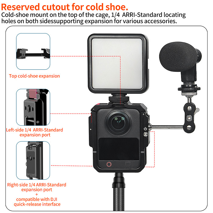 Camera Cage for DJI Osmo 360 II, 1/4  Thread Cold Shoe Mount, Horizontal Vertical Quick Release, Lightweight Protective Frame for Cycling Vlog