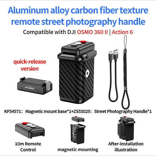 Compatible-Bluetooth Street Photography Handle for DJI Action 6/5/4/3 & Osmo 360, Magnetic Quick Release, 10M Remote Control, Carbon Fiber Anti-Slip Grip