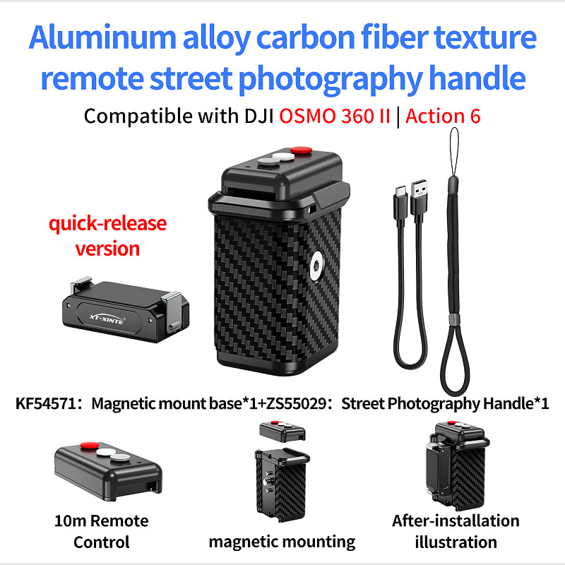 Compatible-Bluetooth Street Photography Handle for DJI Action 6/5/4/3 & Osmo 360, Magnetic Quick Release, 10M Remote Control, Carbon Fiber Anti-Slip Grip