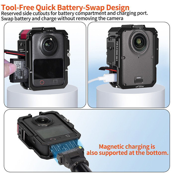 Camera Cage for DJI Osmo 360 II, 1/4  Thread Cold Shoe Mount, Horizontal Vertical Quick Release, Lightweight Protective Frame for Cycling Vlog