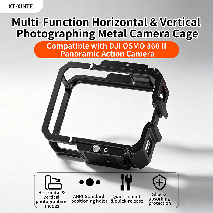 Camera Cage for DJI Osmo 360 II, 1/4  Thread Cold Shoe Mount, Horizontal Vertical Quick Release, Lightweight Protective Frame for Cycling Vlog