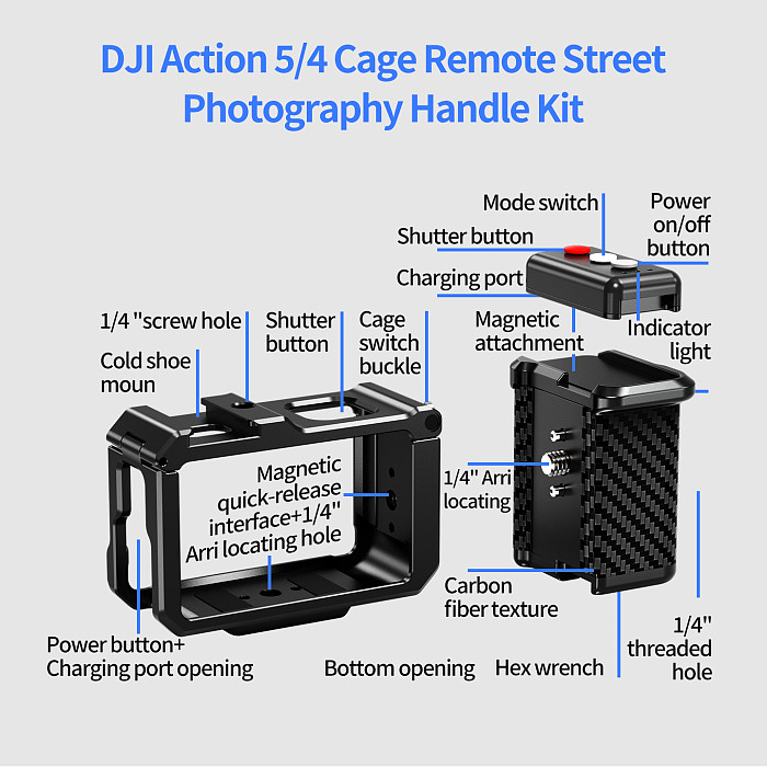 Compatible-Bluetooth Street Photography Handle for DJI Action 6/5/4/3 & Osmo 360, Magnetic Quick Release, 10M Remote Control, Carbon Fiber Anti-Slip Grip