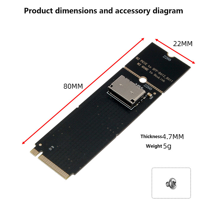 M.2 NVMe to OCuLink Female SFF-8612 Adapter, PCIe x4 Riser Card for U.2 SSD, Gen4, M-Key NVMe SSD Expansion Board