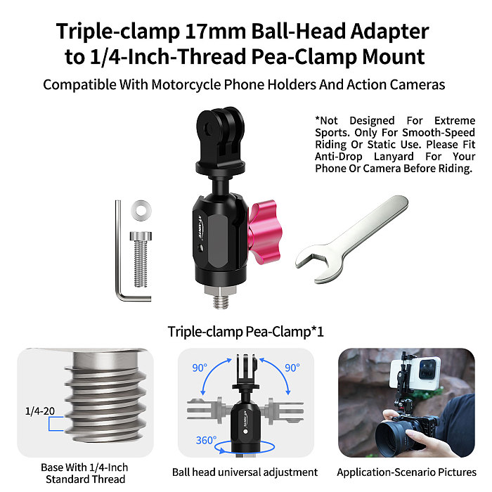 XT-XINTE 360° Universal Ball Head Action Camera Mount, Aluminum Alloy 3-Slot  Adapter, Mini Ballhead Photography Connector For Action Camera