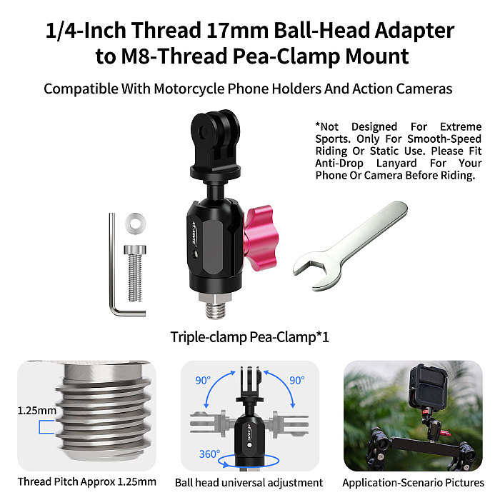 XT-XINTE 360° Universal Ball Head Action Camera Mount, Aluminum Alloy 3-Slot  Adapter, Mini Ballhead Photography Connector For Action Camera