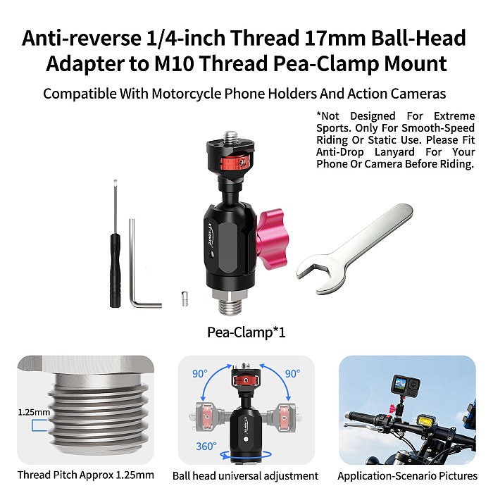 XT-XINTE 360° Universal Ball Head Action Camera Mount, Aluminum Alloy 3-Slot  Adapter, Mini Ballhead Photography Connector For Action Camera