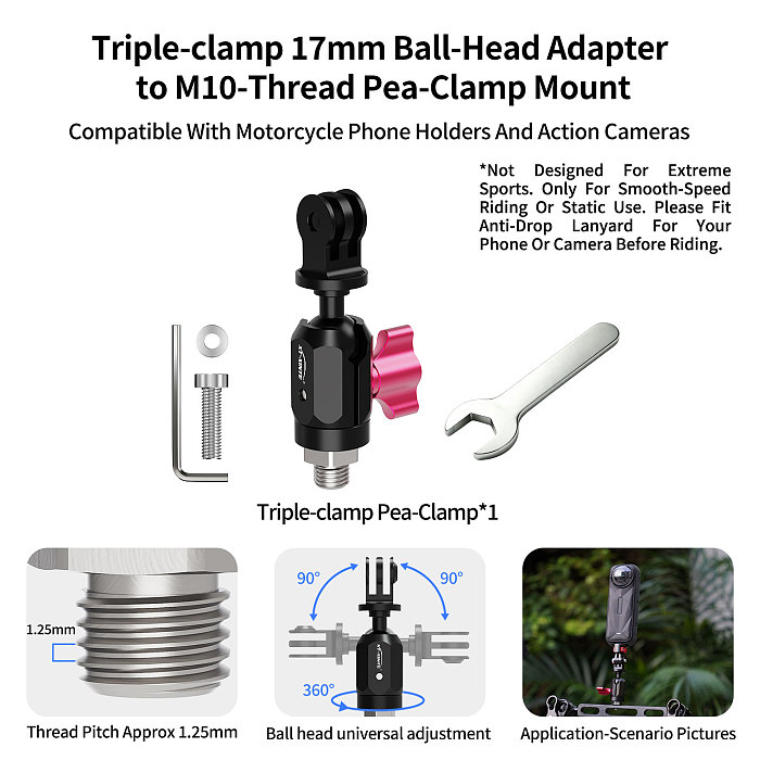 XT-XINTE 360° Universal Ball Head Action Camera Mount, Aluminum Alloy 3-Slot  Adapter, Mini Ballhead Photography Connector For Action Camera