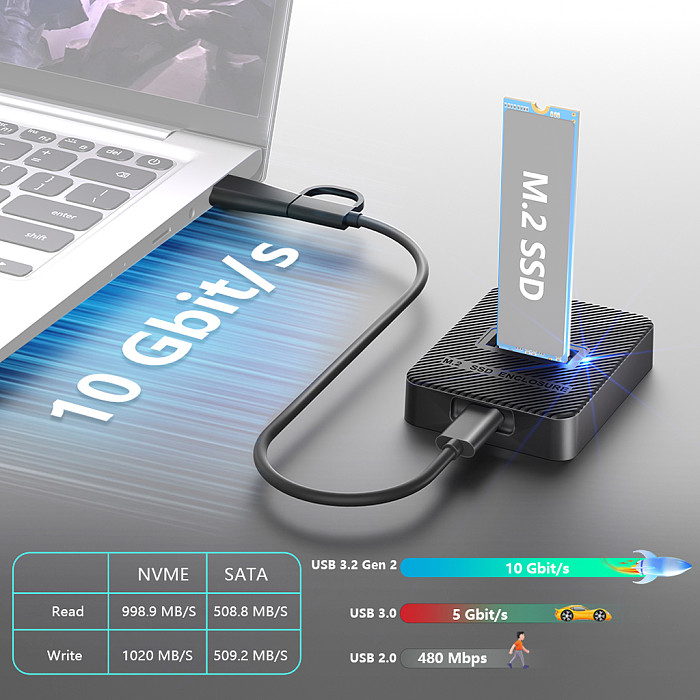 10Gbps M.2 SSD Enclosure, RTL9210C Chip Dual  Protocol  NVMe & SATA M.2 SSD Reader, USB 3.2 Gen2 Type-C External M2 SSD Case