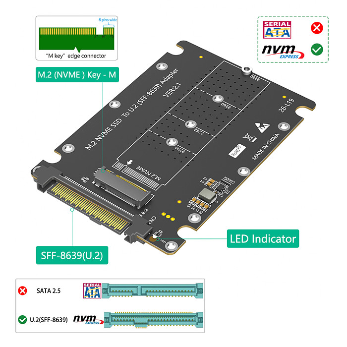 M.2 NVMe M-Key to U.2 SFF-8639 Adapter, PCIe 4.0/3.0 M.2 NVMe SSD to 2.5” U.2 Drive Bay Converter Card