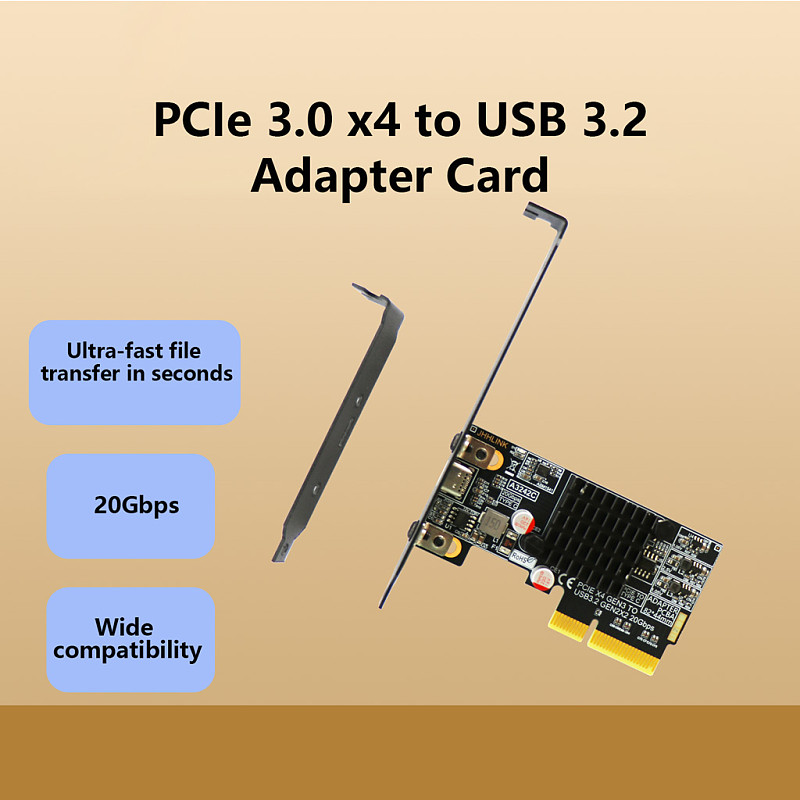 PCIe 3.0 x4 to USB 3.2 Gen 2x2 20Gbps Type-C Adapter Card, ASM3242 Controller Expansion Card, Rear I/O Mount, PCB Board, for Desktop PC Motherboard