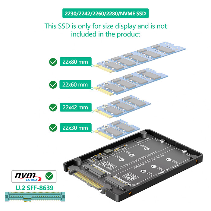 Dual M.2 Key B+M to U.2 SFF-8639 Adapter With Black Plastic Enclose, Support M.2 NVMe Key M & SATA SSD(Key B), 2-in-1 M2 to U.2 SFF8639/SAS Converter Card