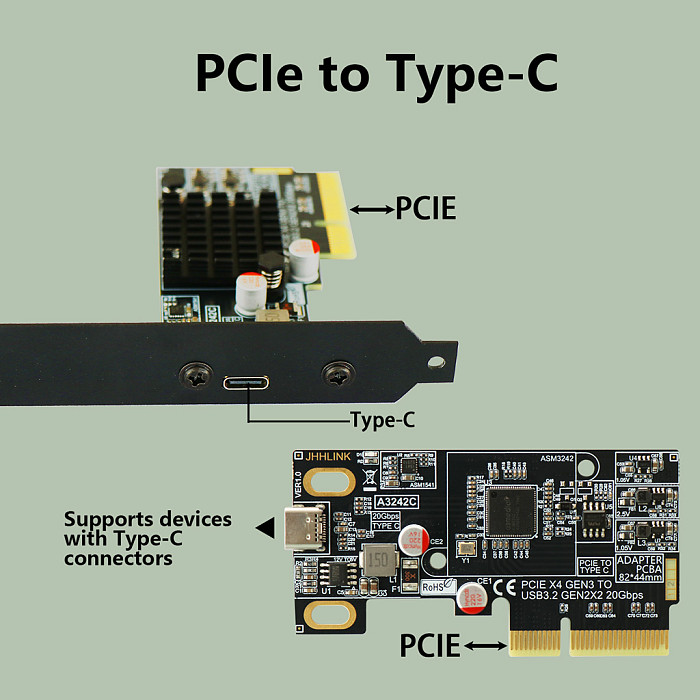 PCIe 3.0 x4 to USB 3.2 Gen 2x2 20Gbps Type-C Adapter Card, ASM3242 Controller Expansion Card, Rear I/O Mount, PCB Board, for Desktop PC Motherboard