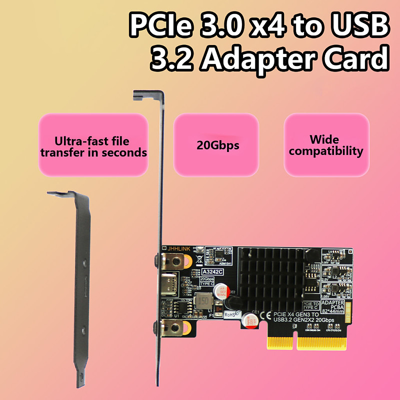 PCIe 3.0 x4 to USB 3.2 Gen 2x2 20Gbps Type-C Adapter Card, ASM3242 Controller Expansion Card, Rear I/O Mount, PCB Board, for Desktop PC Motherboard