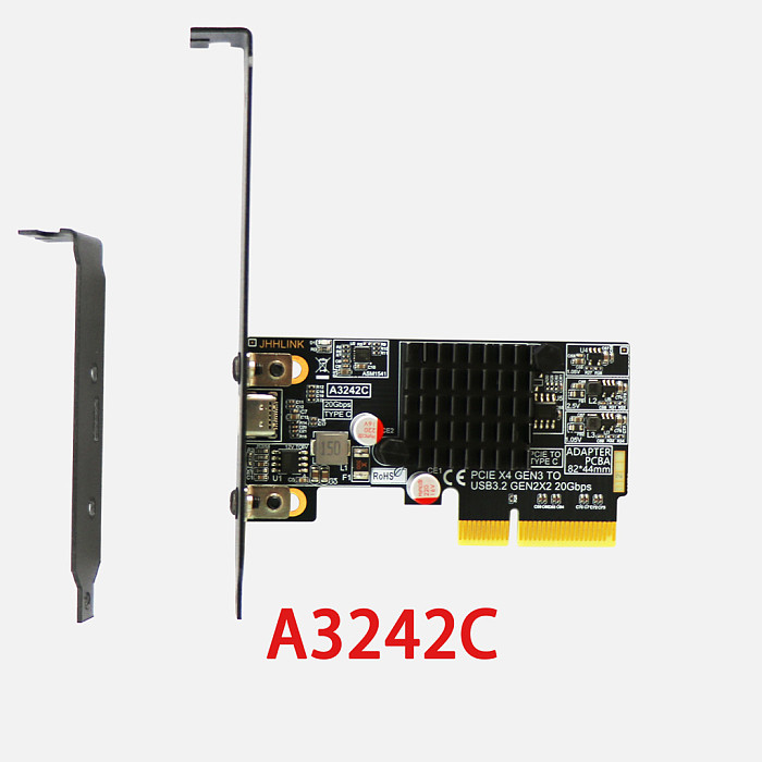 PCIe 3.0 x4 to USB 3.2 Gen 2x2 20Gbps Type-C Adapter Card, ASM3242 Controller Expansion Card, Rear I/O Mount, PCB Board, for Desktop PC Motherboard